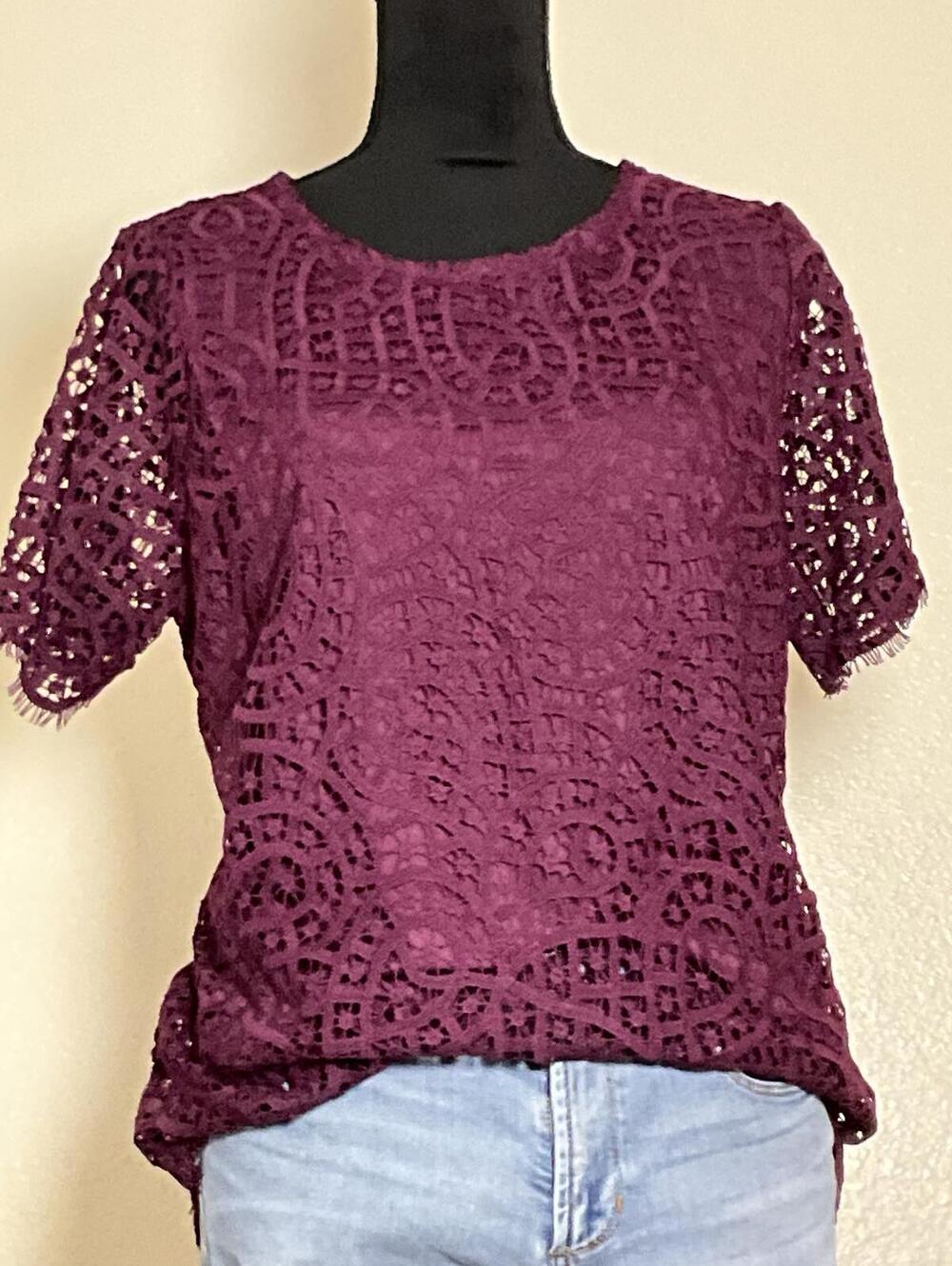Philosophy Burgundy Floral Lace Short Sleeve Top Sz L Wine Romantic Boho
